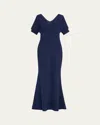 Badgley Mischka Pleated Dolman-sleeve Mermaid Gown In Navy