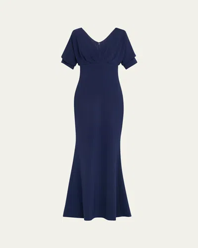 Badgley Mischka Pleated Dolman-sleeve Mermaid Gown In Navy