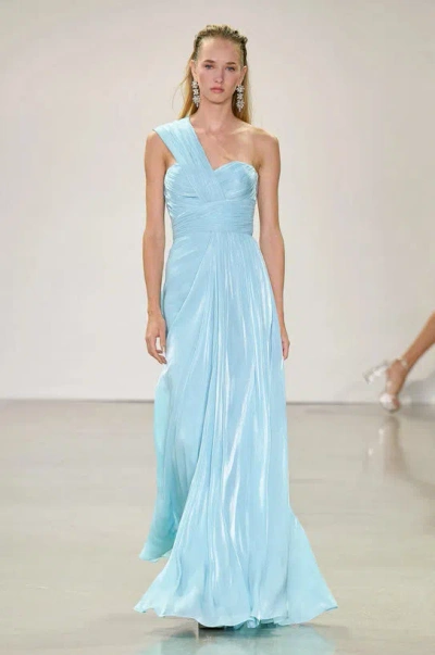 Badgley Mischka Pleated Draped One Shoulder Gown In Blue