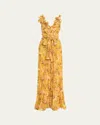 Badgley Mischka Pleated Floral-print Georgette Jumpsuit In Yellow Multi