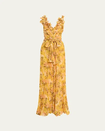 Badgley Mischka Pleated Floral-print Georgette Jumpsuit In Yellow Multi
