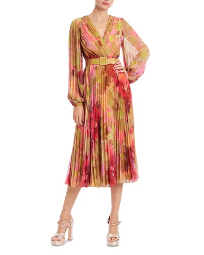 Badgley Mischka Pleated Floral Wrap Midi Dress In Orange