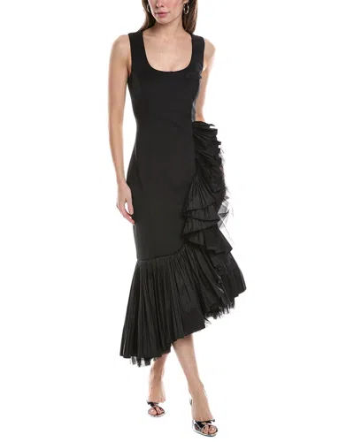 Badgley Mischka Pleated Flounce Midi Dress In Black