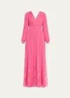 Badgley Mischka Pleated Lace-inset Godet Gown In Strawberry