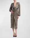 Badgley Mischka V Neck Long Sleeve Plisse Midi Cocktail Dress In Copper In Pewter