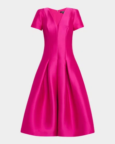Badgley Mischka Pleated Stretch Satin Midi Dress In Pink