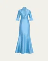 Badgley Mischka Pleated-trim Trumpet Mikado Gown In Azure