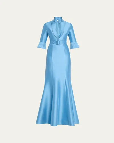 Badgley Mischka Pleated-trim Trumpet Mikado Gown In Azure