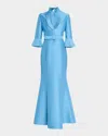 Badgley Mischka Pleated-trim Trumpet Mikado Gown In Azure