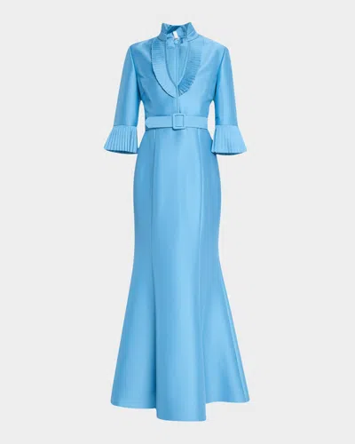 BADGLEY MISCHKA PLEATED-TRIM TRUMPET MIKADO GOWN