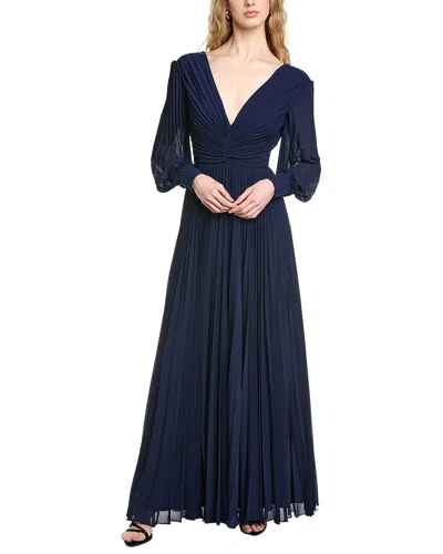 Badgley Mischka Pleated V-neck Gown In Blue