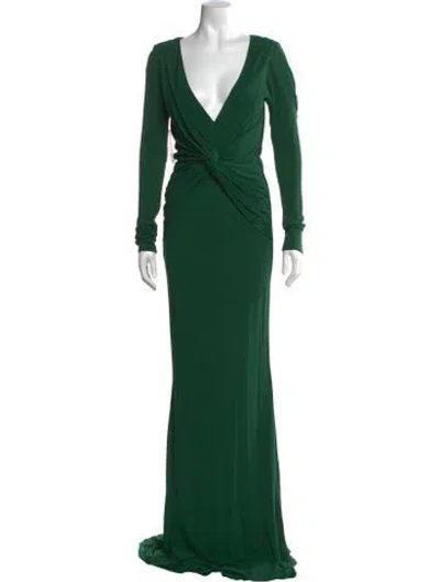Pre-owned Badgley Mischka Plunge Neckline Long Dress In Green