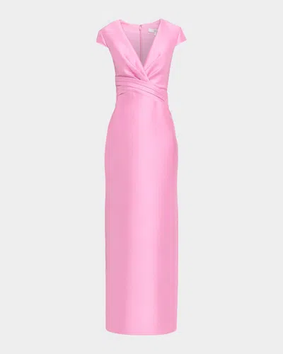 Badgley Mischka Plunging Cap-sleeve Mikado Column Gown In Pink