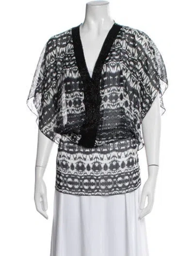 Pre-owned Badgley Mischka Printed V-neck Blouse In Blue/white