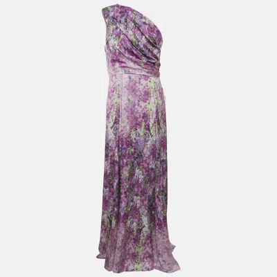Pre-owned Badgley Mischka Purple Orchid Floral One Shoulder Gown Xl