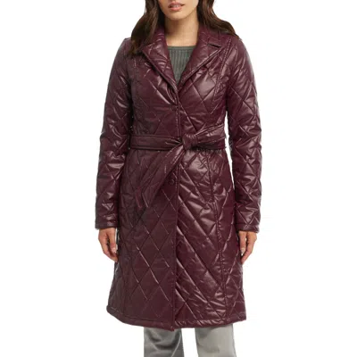 Badgley Mischka Quilted Faux Leather Trench Coat In Burgundy