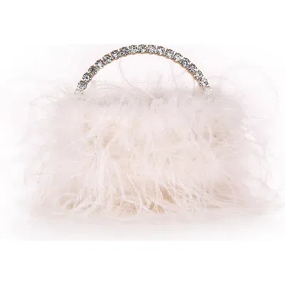 Badgley Mischka Raven Ostrich Feather Pouch Halfmoon Handle In White
