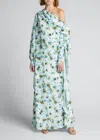 Badgley Mischka Reo Floral One-shoulder Caftan Gown In Green Multi In Green