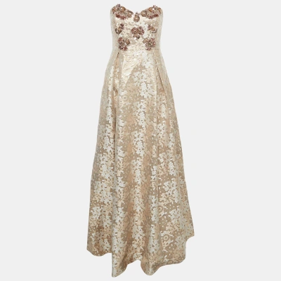 Pre-owned Badgley Mischka Rose Gold Floral Motif Brocade Sequin Detail Strapless Gown L