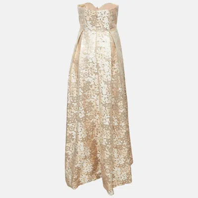 Pre-owned Badgley Mischka Rose Gold Sequin Embellished Brocade Strapless Gown M