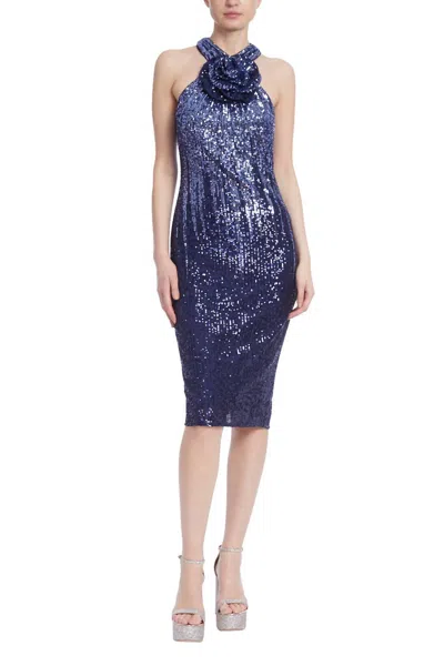 Badgley Mischka Ombre Sequined Rosette Neck Cocktail Dress In Blue