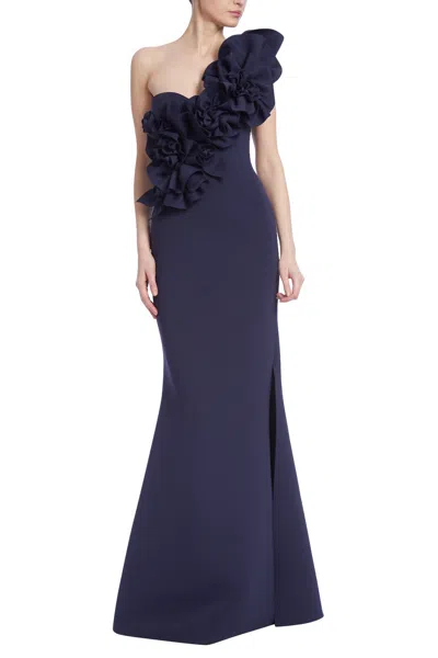 Badgley Mischka Rosette One Shoulder Gown In Yellow
