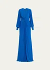 Badgley Mischka Ruched Deep V-neck Jersey Gown In Cobalt