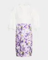 Badgley Mischka Ruched Floral-print Mixed Media Dress In Lilac Multi