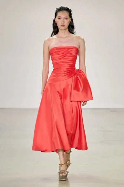 Badgley Mischka Ruched Strapless Mikado Midi Dress In Red