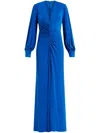Badgley Mischka Ruched Deep V-neck Jersey Gown In Blue