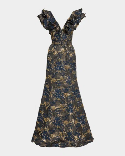 Badgley Mischka Ruffle Metallic Jacquard Mermaid Gown In Multi