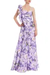 Badgley Mischka Collection Floral Print Ruffle One-shoulder Gown