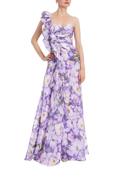 BADGLEY MISCHKA RUFFLE ONE SHOULDER FLORAL GOWN IN LILAC MULTI