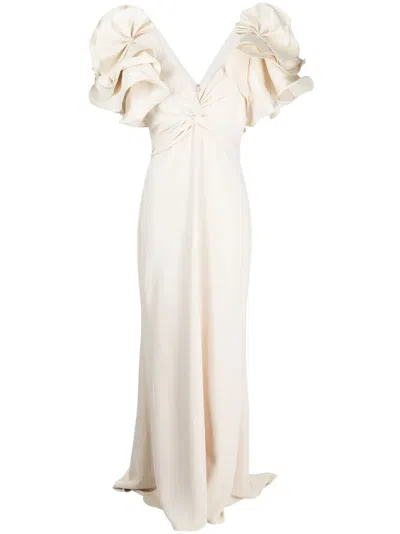 Badgley Mischka Ruffle Sleeve Gown In Ecru