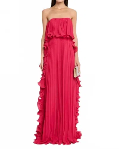 Badgley Mischka Ruffle-adorned Pleated Prom Gown In Hot Fuchia In Pink