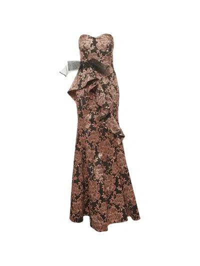 Pre-owned Badgley Mischka Ruffled Bow-detail Maxi Gown In Black