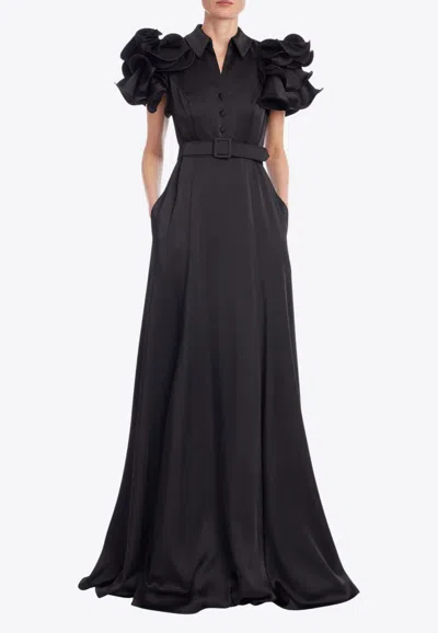 Badgley Mischka Ruffled Neckline Maxi Dress In Black