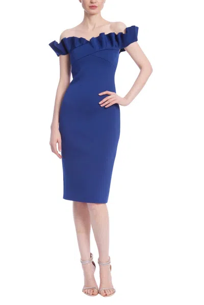 Badgley Mischka Ruffled Off Shoulder Sheath Dress In Navy In Blue