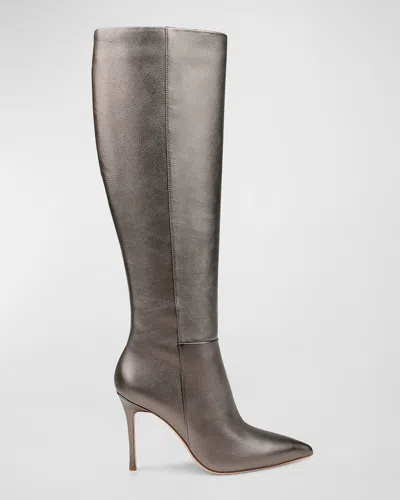 Badgley Mischka Runway Silk Stiletto Knee Boots In Bronze