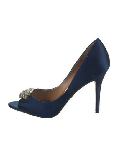 Pre-owned Badgley Mischka Satin Crystal Embellishments Slingback Sandals In Blue
