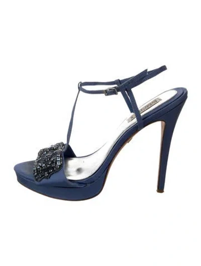 Pre-owned Badgley Mischka Satin Crystal Embellishments T-strap Sandals In Blue