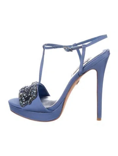 Pre-owned Badgley Mischka Satin Crystal Embellishments T-strap Sandals In Blue