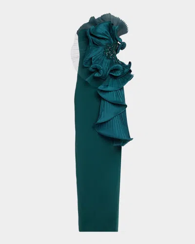 Badgley Mischka Satin Floral Strapless Column Gown In Green