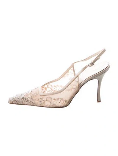 Pre-owned Badgley Mischka Satin Lace Pattern Slingback Pumps In Neutral