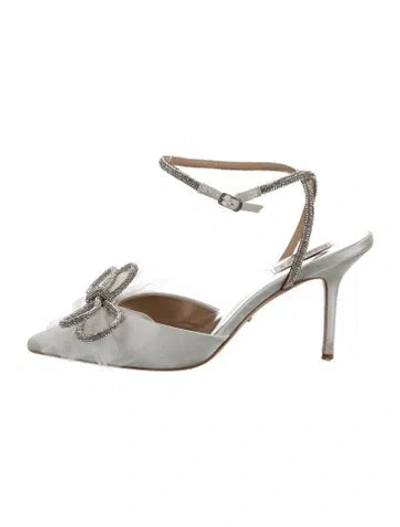 Pre-owned Badgley Mischka Satin Mesh Accents Slingback Pumps In White