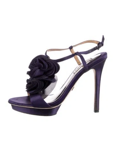 Pre-owned Badgley Mischka Satin Ruffle Embellishment T-strap Sandals In Purple