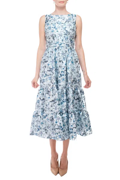 Badgley Mischka Sc3933b Short Ruffle Floral Print Cocktail Dress In Blue