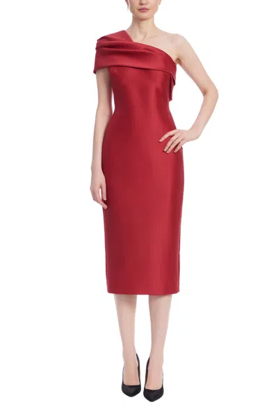 Badgley Mischka Asymmetrical Neckline Drapes Over Midi Dress In Red