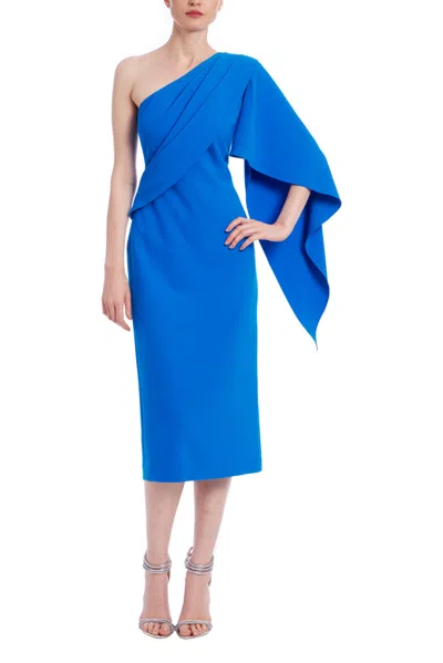Badgley Mischka One-sleeve Draped Crepe Midi Dress In Cobalt Blue
