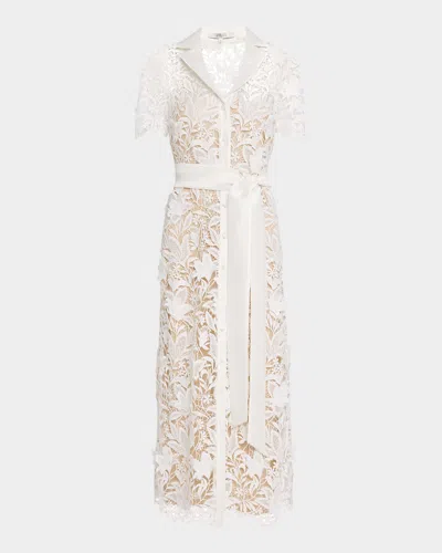 Badgley Mischka Belted Guipure Lace Midi Shirt Dress In White